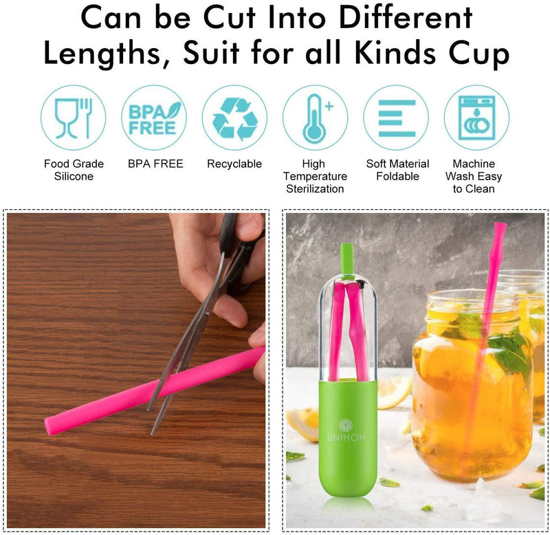 Reusable Collapsible Silicone Drinking Straws, 4 Pieces Extra long Flexible Bendy Straw, 4 Cleaning Brushes and Portable Case, 30oz and 20oz Tumblers Compatible by Unihoh