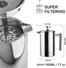 Secura French Press Coffee Maker, 304 Grade Stainless Steel Insulated Coffee Press with 2 Extra Screens, 34oz (1 Litre), Silver