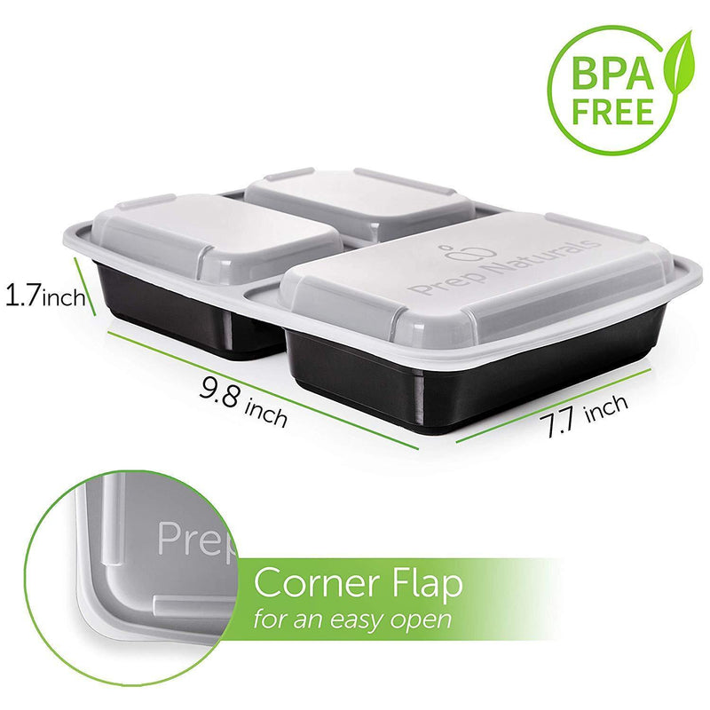 Prep Naturals Meal Prep Containers 3 Compartment [45 Pack]- Food Prep Containers Bento Box BPA-Free Food Storage Containers with lids - Lunch Containers Food Containers - Reusable Meal Prep Containers