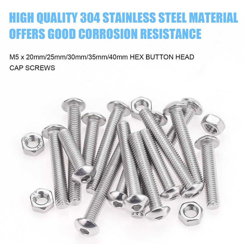 DYWISHKEY 100 Pieces M5 x 20mm/25mm/30mm/35mm/40mm Stainless Steel 304 Hex Button Head Cap Bolts and Nuts Kit