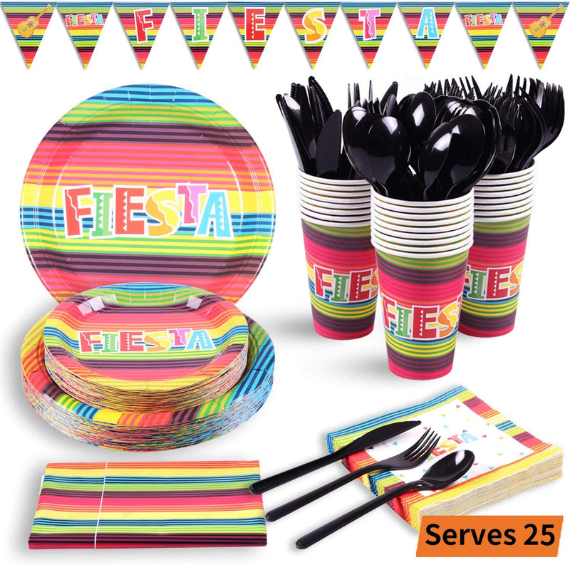 Duocute Fiesta Party Supplies 177PCS Mexican Theme Cinco De Mayo Decoration Disposable Dinnerware Set Includes Plates, 12oz Cups, Napkins, Spoons, Forks, Knives, Tablecloth and Banner, Serves 25