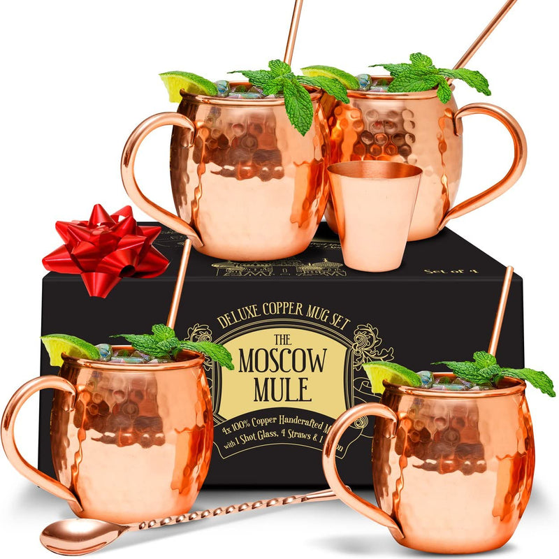 Benicci Moscow Mule Copper Mugs - 100% HANDCRAFTED - Food Safe Pure Solid Unlined Copper Mug 16 oz Gift Set with BONUS: Highest Quality Cocktail Copper Straws, Shot Glass and Spoon (Set of 4)