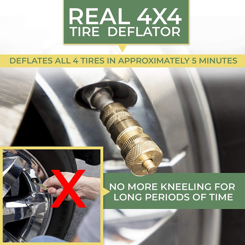 Real 4X4 4 Tire Air Deflators for Offroad Vehicles, Cars, ATVs, Jeep Wranglers and Four Wheelers - Valve Deflator with Pressure Gauge Automatic Deflating Brass Kit for Tubes and Tires (6-30 PSI)