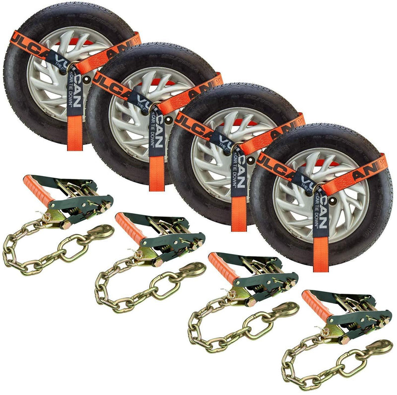 VULCAN ProSeries Orange 2 Inch x 96 Inch Lasso Auto Tie Down with Chain Anchors - 3300 lbs. Safe Working Load, 4 Pack - Easily Trailer Any Car, Truck, SUV, Jeep, Or Sportscar