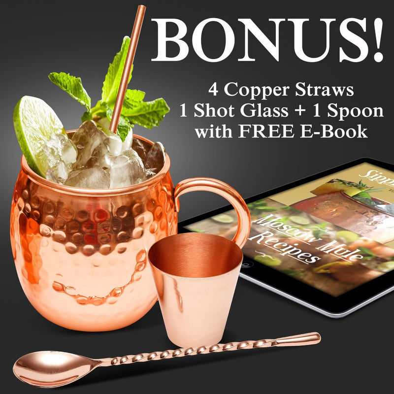 Benicci Moscow Mule Copper Mugs - 100% HANDCRAFTED - Food Safe Pure Solid Unlined Copper Mug 16 oz Gift Set with BONUS: Highest Quality Cocktail Copper Straws, Shot Glass and Spoon (Set of 4)