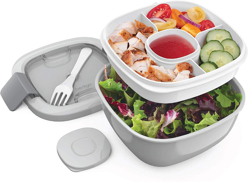 Bentgo Salad BPA-Free Lunch Container with Large 54-oz Salad Bowl, 3-Compartment Bento-Style Tray for Salad Toppings and Snacks, 3-oz Sauce Container for Dressings, and Built-In Reusable Fork (Blue)