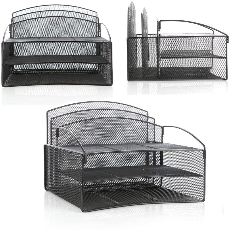 Veesun Desk Organizer,Mesh Desktop File Organizer Letter Paper Tray Holder with 2 Vertical Upright Section and 3 Deep Trays, Black.