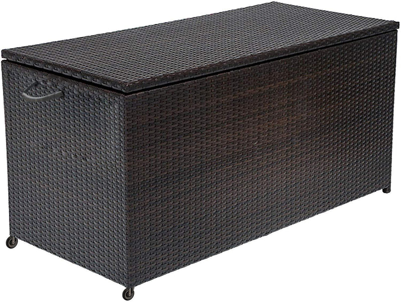 Outdoor Patio Wicker Storage Box - Resin Rattan Pool Storage Box with Lid, Garden Deck Bin, Multi-Purpose Furniture & Organizer with wheels & Container for Gardening Tools, Cushions, Pool Accessory