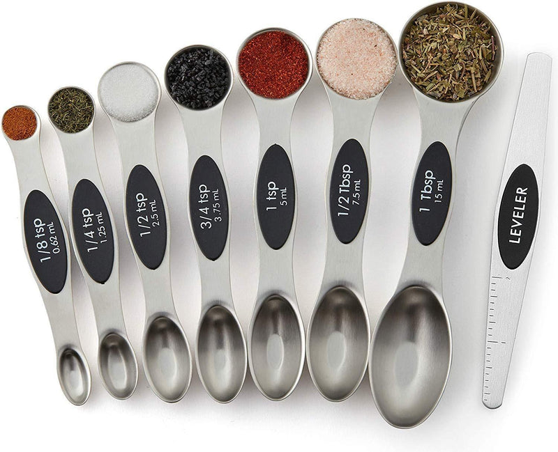 Spring Chef Magnetic Measuring Spoons Set, Dual Sided, Stainless Steel, Fits in Spice Jars, Set of 8
