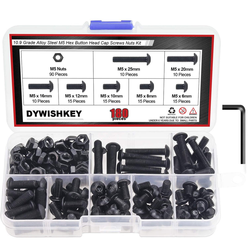 DYWISHKEY 180 Pieces M5 x 6mm/8mm/10mm/12mm/16mm/20mm/25mm, 10.9 Grade Alloy Steel Hex Button Head Cap Bolts Nuts Kit with Hex Wrench