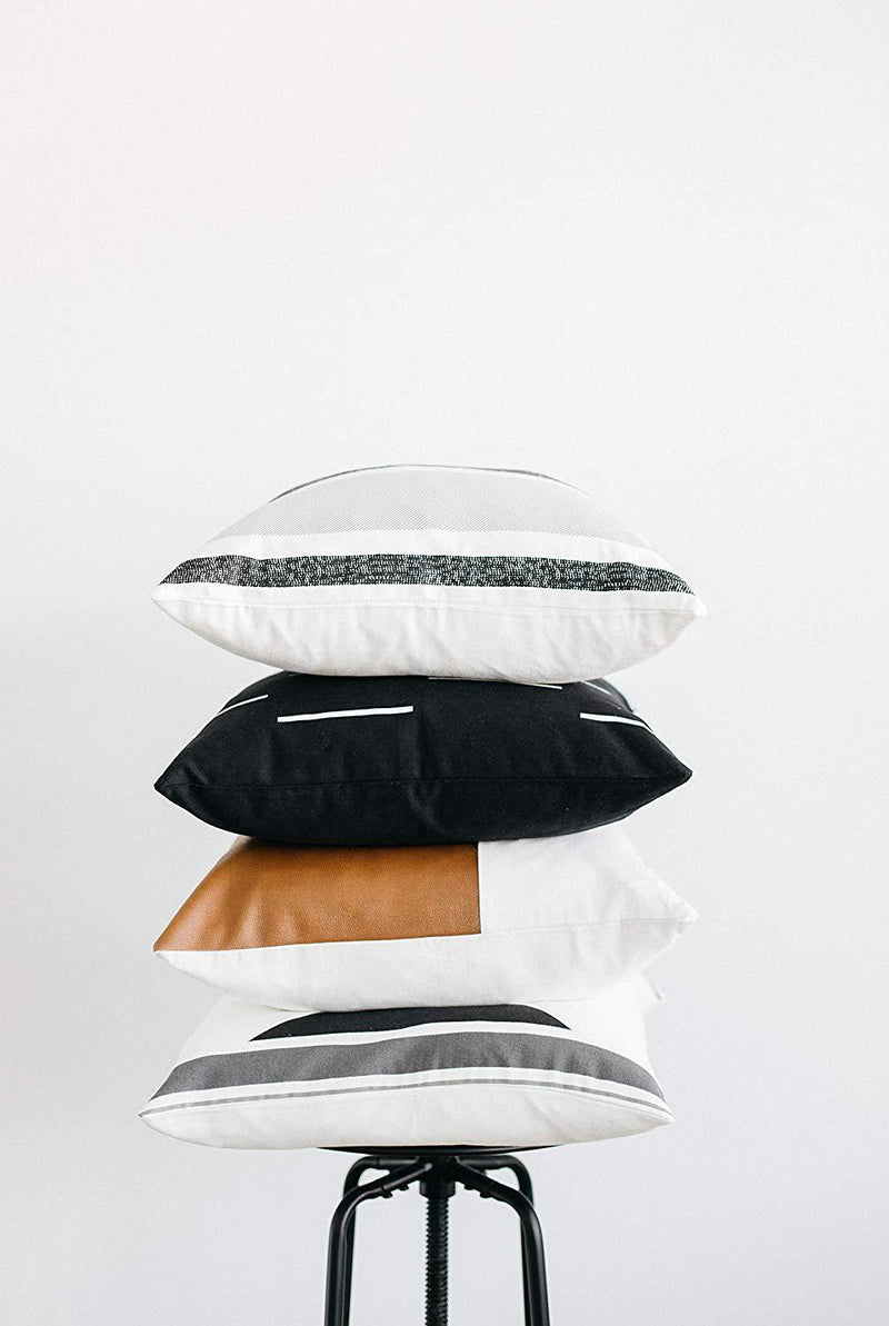 Woven Nook Decorative Throw Pillow Covers ONLY for Couch, Sofa, or Bed Set of 4 18x18 20x20 and 22x22 inch Modern Design 100% Cotton Black White Geometric Faux Leather Zulu Set (18'' x 18'')