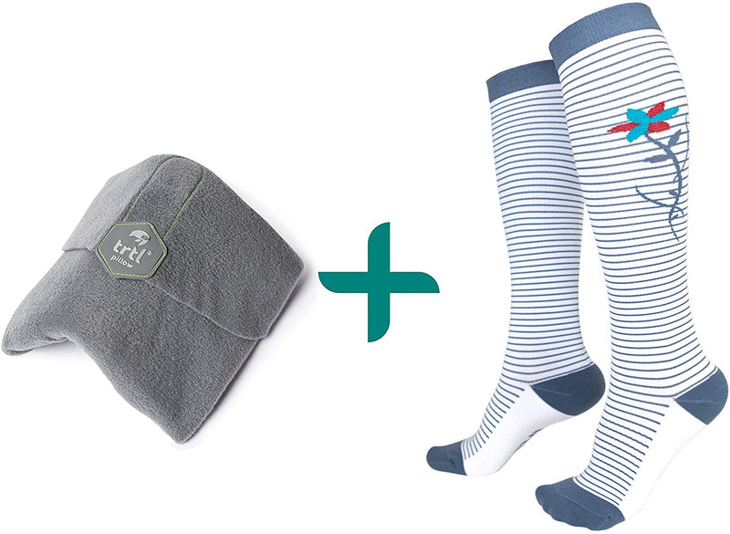 trtl Pillow & Trtl Socks Bundle - Scientifically Proven Super Soft Neck Support Travel Pillow & Trtl Compression Socks (Grey Pillow & Kyoto Socks Size Medium)
