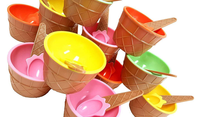 Plastic Ice Cream Cups with Spoons, Festive Dessert Bowls, Assorted Colors (12 Piece Party Pack)