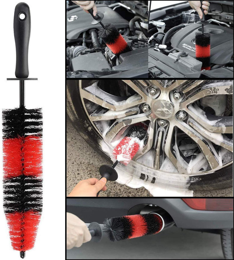 7Pcs Wheel & Tire Brush , car detailing kit , 17inch Long Soft Wheel Brush 5 car wash detail brush car wash kit for Cleans Dirty Tires & Releases Dirt and Road Grime, Short Handle for Easy Scrubbing