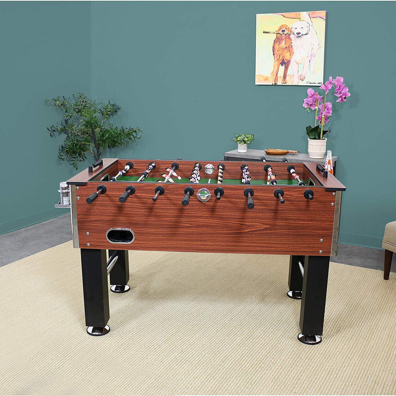 Sunnydaze 55-Inch Faux Wood Foosball Table with Folding Drink Holders, Sports Arcade Soccer for Game Room