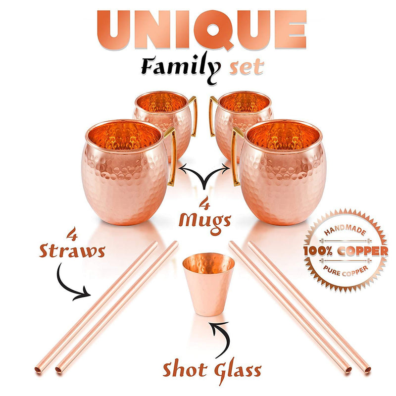 Moscow Mule Copper Mugs - Set of 4 - 100% HANDCRAFTED Pure Solid Copper Mugs - 16 Oz Gift Set with Highest Quality Cocktail Copper Straws, Copper Shot Glass & 2 E-Books by Copper-Bar