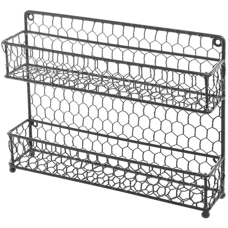 Country Style Black Dual Tier Wire Kitchen Counter-top or Wall Mount Spice Rack Jars Storage Organizer