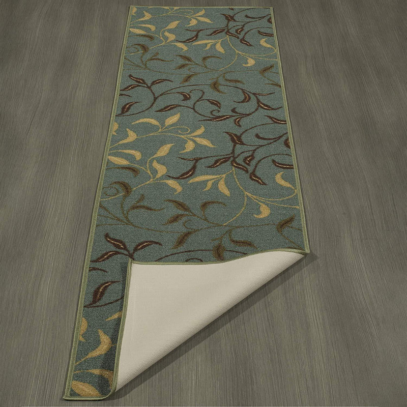 Ottomanson Otto Home Contemporary Leaves Design Modern Area Rug Hallway Runner, 2'7" X 9'10", Sage Green/Aqua Blue