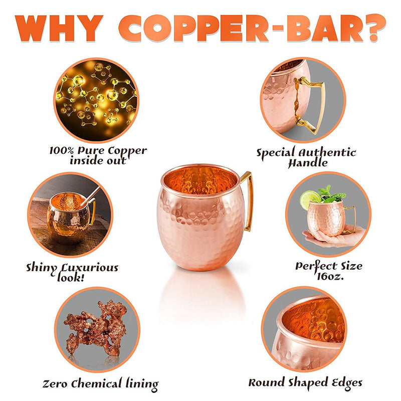 Moscow Mule Copper Mugs - Set of 4 - 100% HANDCRAFTED Pure Solid Copper Mugs - 16 Oz Gift Set with Highest Quality Cocktail Copper Straws, Copper Shot Glass & 2 E-Books by Copper-Bar