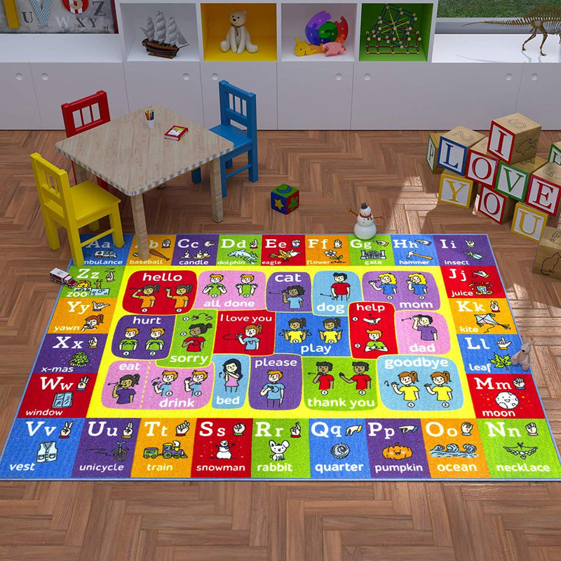 KC Cubs Playtime Collection ABC Alphabet ASL Sign Language Educational Learning Area Rug Carpet for Kids and Children Bedrooms and Playroom - 8' 2" x 9' 10"