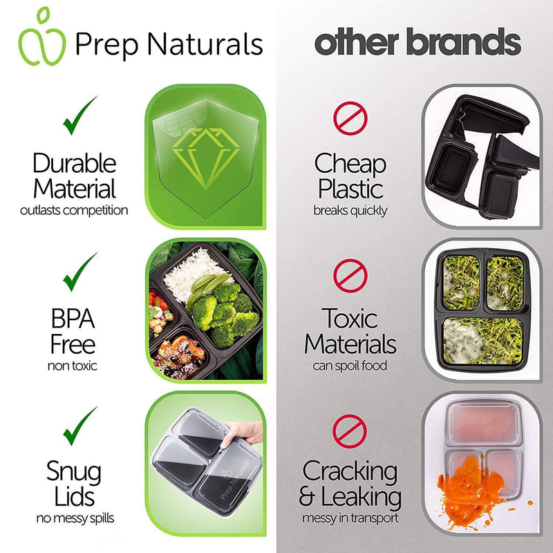 Prep Naturals Meal Prep Containers 3 Compartment [45 Pack]- Food Prep Containers Bento Box BPA-Free Food Storage Containers with lids - Lunch Containers Food Containers - Reusable Meal Prep Containers