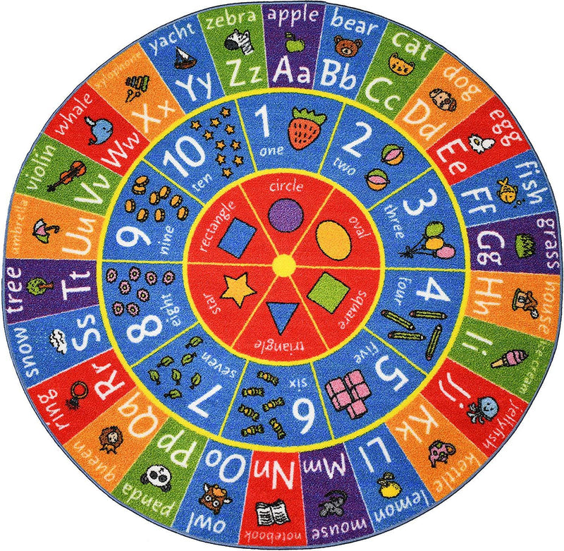 KC Cubs Playtime Collection ABC Alphabet, Numbers and Shapes Educational Learning & Game Area Round Circle Rug Carpet for Kids and Children Bedrooms and Playroom