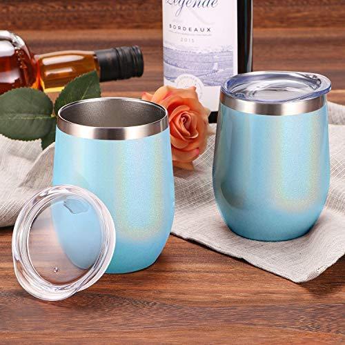 12 oz Double-Insulated Stemless Glass, Stainless Steel Tumbler Cup with Lids for Wine, Coffee, Drinks, Champagne, Cocktails, 2 Sets (Black)