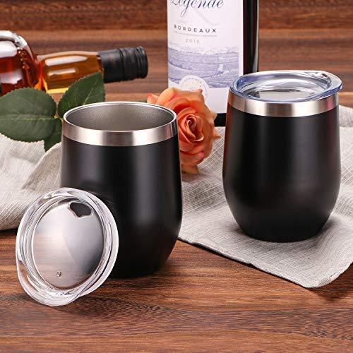 12 oz Double-Insulated Stemless Glass, Stainless Steel Tumbler Cup with Lids for Wine, Coffee, Drinks, Champagne, Cocktails, 2 Sets (Black)